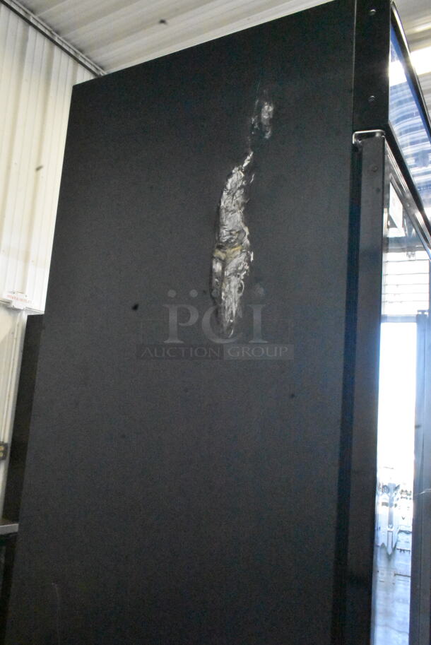BRAND NEW SCRATCH AND DENT! 2023 Avantco 178GDC40HCB Metal Commercial 2 Door Reach In Cooler Merchandiser w/ Poly Coated Racks. See Pictures For Dent on Side. 115 Volts, 1 Phase. Tested and Working! - Image 3 of 5