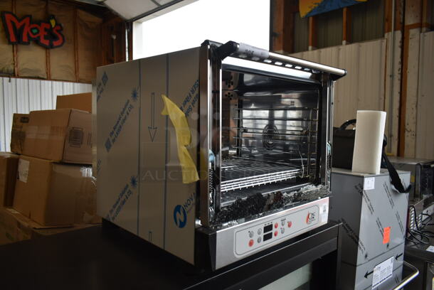 BRAND NEW SCRATCH AND DENT! Cooking Performance Group CPG 351COHD4M Stainless Steel Commercial Electric Digital Countertop 4 Tray Half Size Convection Oven with Steam Injection. See Pictures For Glass Damage. 208/240 Volts, 1 Phase. - Image 6 of 6