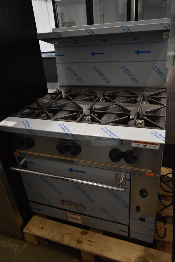 BRAND NEW SCRATCH AND DENT! Wolf Stainless Steel Commercial Propane Gas Powered 6 Burner Range w/ Convection Oven, Over Shelf and Back Splash. - Image 2 of 6
