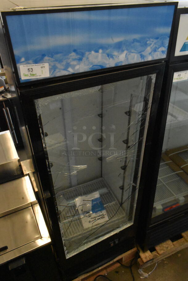 BRAND NEW SCRATCH AND DENT! Avantco 178GDC12FHCB Metal Commercial Single Door Reach In Cooler Merchandiser. See Pictures For Glass Damage.. 115 Volts, 1 Phase. Tested and Working! - Image 1 of 4