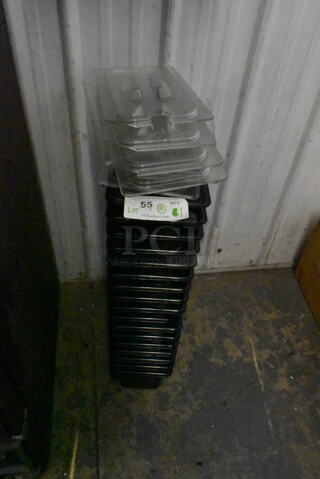 ALL ONE MONEY! Lot of 17 Black Poly 1/9 Size Drop In Bins and 6 Clear Poly 1/9 Size Lids. 
