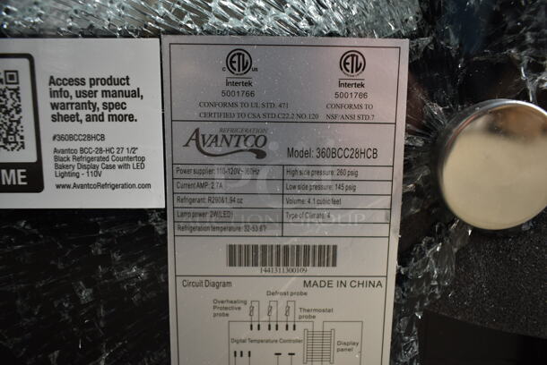 BRAND NEW SCRATCH AND DENT! Avantco 360BCC28HCB Metal 27 3/5" Black Refrigerated Countertop Bakery Display Case with LED Lighting. See Pictures for Shattered Side Glass Panes. 120 Volts, 1 Phase. Tested and Working! - Image 5 of 5
