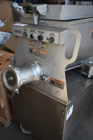 2016 Hobart MG2032 Metal Commercial Floor Style Electric Powered Meat Mixer Grinder w/ Foot Pedal on Commercial Casters. 208 Volts, 3 Phase. Tested and Working!
