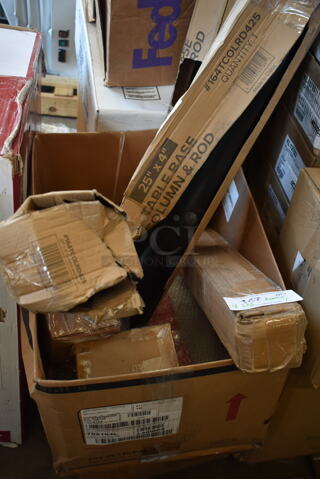 7 BRAND NEW SCRATCH AND DENT! Boxes Including 2 Box 164TCOLRD425 Lancaster Table & Seating 25 3/16" x 4" Standard Height Table Base Column and Rod, 164TCLWDWL30 Base, 178REGULATP2 Regulator, CPCC1480 214CPCC1 Camshelving Connector. 7 Times Your Bid!