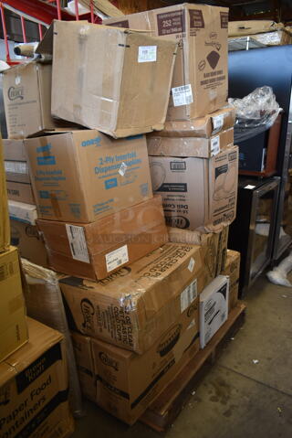 PALLET LOT of 35 BRAND NEW SCRATCH AND DENT! Boxes Including 17610STPNLGN Choice 10 oz. Green SAN Plastic Paneled Tumbler - 12/Pack, 966UPWIDEKFT OneUp by Choice Kraft 2- Ply Wide Interfold, 485CUP424 Choice 4 Cup Handled 12-24 oz. Drink Carrier - 200/Case, 600HSSP14LR Regency 14" x 10" Left and Right Stainless Steel Hand Sink Splash Kit, B32SB Dart B32SB PresentaBowls Pro 32 oz. Black Square, 2 Box 5013339 Lavex Lil Hero Low Density Medium Duty BlashTrash Bag Can Liner, 128HD16COMBO ChoiceHD 16 oz. Microwavable Translucent Plastic, 612605070 Choice Full Size Foil Steam Table Pan Deep 3 3/8" Depth- Full Sie Deep - 50/ Case, 130HBKCUTKW Visions Individually Wrapped Black Heavy Weight Plastic Knife - 1000/Case, 433BR3BGC Choice 3 lb. Natural Kraft Paper Bag - 500/Case, 129MCS38B Choice 38 oz. Black Rectangular Microwavable Heavy Weight Container with Lid 8 3/4" x 6 1/4" x 2" - 150/Case, 2 Box Choice 16 oz Deli Containers, HPM236108K Element Assy 208v, 5005DNAPFLTE Choice Touchstone 14" x 14" White Linen-Feel Flat-Packed Dinner Napkin - 1000/Case. 35 Times Your Bid!