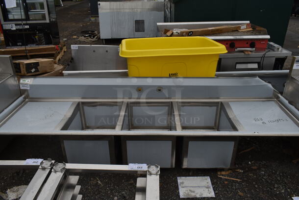 BRAND NEW SCRATCH AND DENT! Regency 600S31824224 Stainless Steel Commercial 3 Bay Sink w/ Dual Drain Boards. No Legs. Bays 19x24x14. Drain Boards 22.5x25 - Image 2 of 3