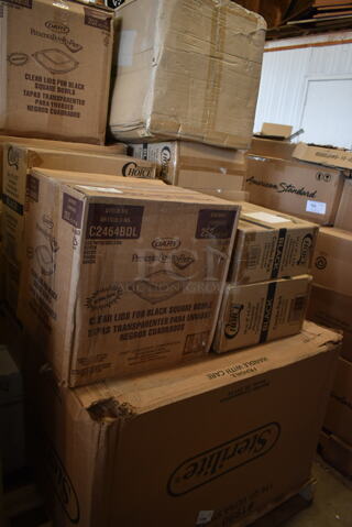 PALLET LOT of 23 BRAND NEW SCRATCH AND DENT! Boxes Including 2 Box 130SLWG12C Choice 12 oz. Light Weight Clear Plastic Stemless Wine Glass - 64/Case, 3 Box 129MCS16B Choice 16 oz. Black 8" x 5 1/4" x 1 1/2" Rectangular Microwavable Heavy Weight Container with Lid - 150/Case, 2 Box 129MCS12B Choice 12 oz. Black 6" x 4 3/4" x 1 3/4" Rectangular Microwavable Heavy Weight Container with Lid - 150/Case, C2464BDL Dart PresentaBowls Pro Clear Square Lid for 24, 32, 48, and 64 oz. Square Plastic Bowls - 252/Case, 00210 Bell Aire Center Fold Towels. 23 Times Your Bid!