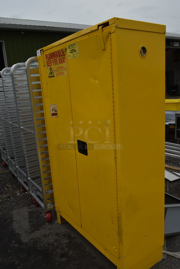 BRAND NEW SCRATCH AND DENT! Eagle Manufacturing Tower YPI47XLEGS Yellow Paint Safety Cabinet with 2 Manual-Closing Doors, 5 Shelves, and 60 Gallon Capacity - Image 2 of 5