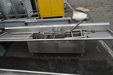 Stainless Steel Commercial 3 Bay Sink w/ Dual Drain Boards. Bays 16x20. Drain Boards 34x22, 22x22