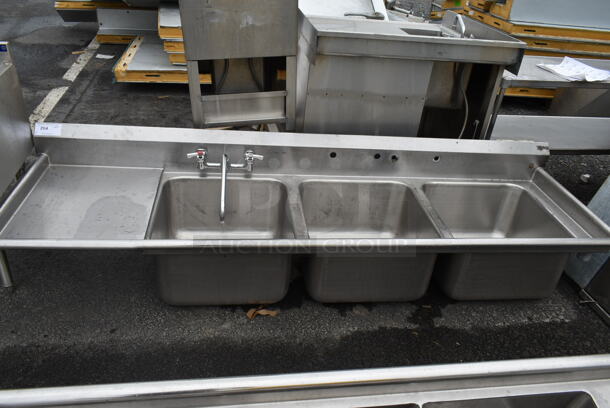 Stainless Steel Commercial 3 Bay Sink w/ Left Side Drain Board, Faucet and Handles. Bays 20x20  - Image 1 of 2