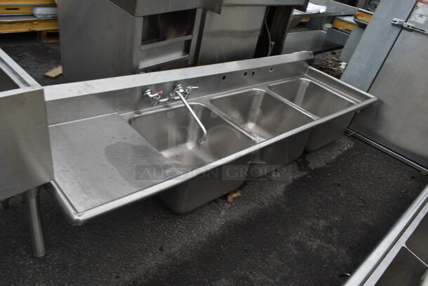 Stainless Steel Commercial 3 Bay Sink w/ Left Side Drain Board, Faucet and Handles. Bays 20x20  - Image 2 of 2