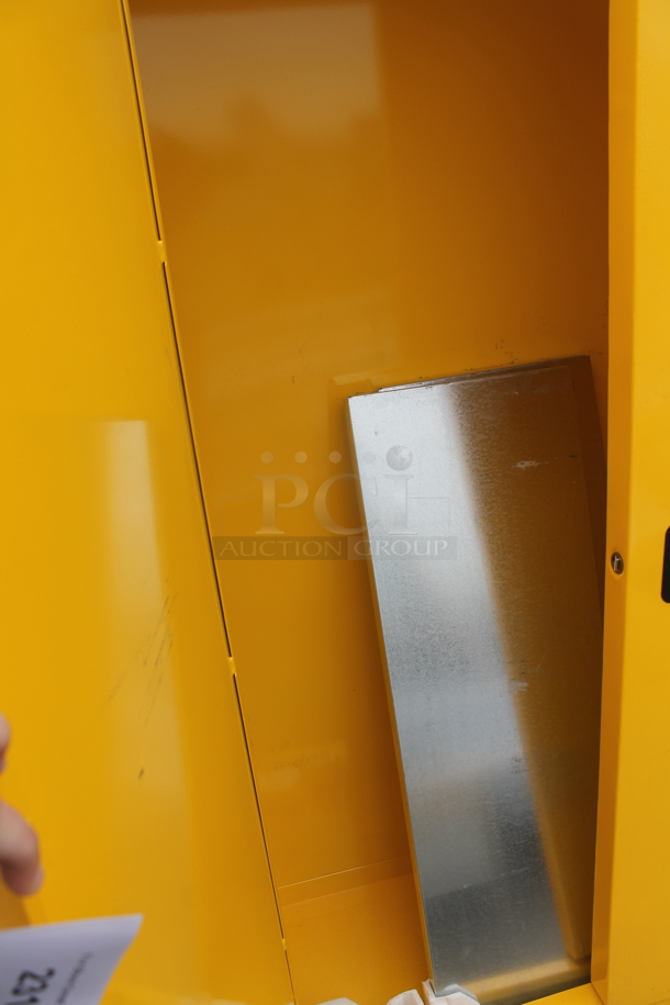 BRAND NEW SCRATCH AND DENT! Eagle Manufacturing Tower YPI47XLEGS Yellow Paint Safety Cabinet with 2 Manual-Closing Doors, 5 Shelves, and 60 Gallon Capacity - Image 4 of 5