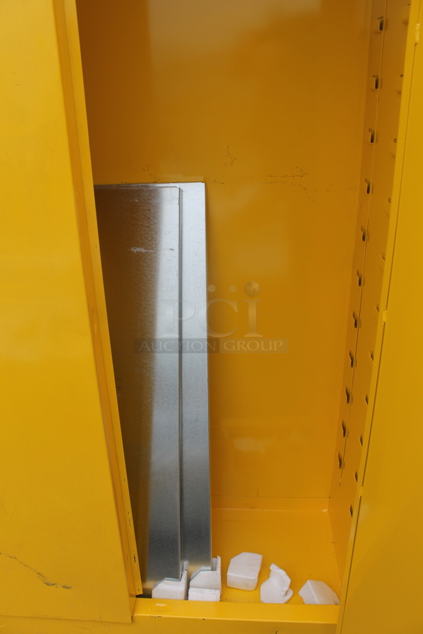 BRAND NEW SCRATCH AND DENT! Eagle Manufacturing Tower YPI47XLEGS Yellow Paint Safety Cabinet with 2 Manual-Closing Doors, 5 Shelves, and 60 Gallon Capacity - Image 5 of 5