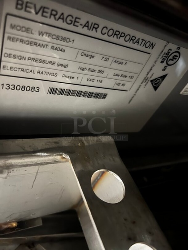 Beverage Air Stainless Steel Commercial 2 Drawer Chef Base on Commercial Casters! 
Working When Removed! MODEL WTFCS36D1 SN: 13308083 115V 1PH - Image 5 of 9