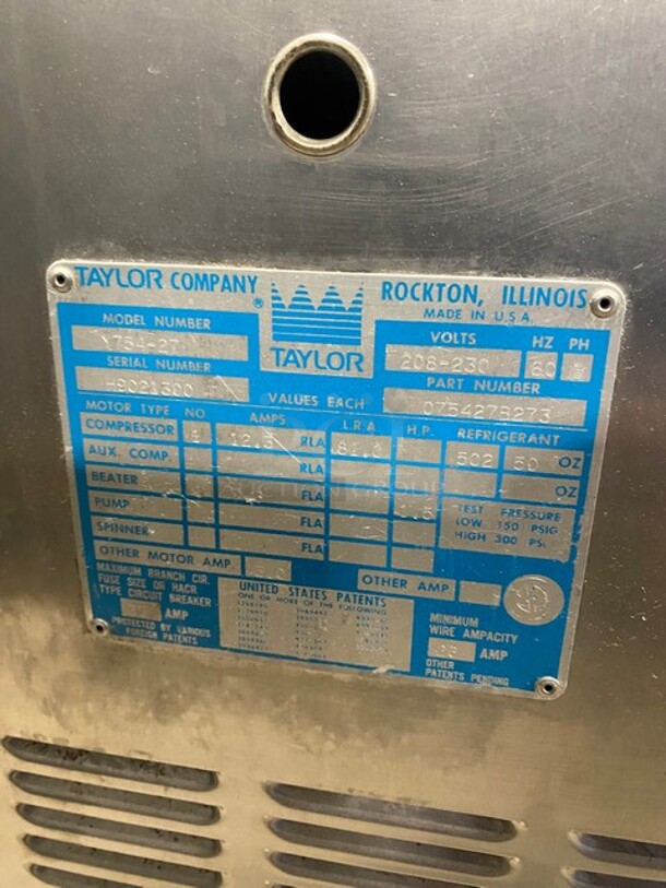 Taylor Commercial Floor Style 3 Handle Soft Serve Ice Cream Machine! All Stainless Steel! On Casters, 1 Leg! Model: 75427 SN: H9021300 208/230V 60HZ  - Image 7 of 10
