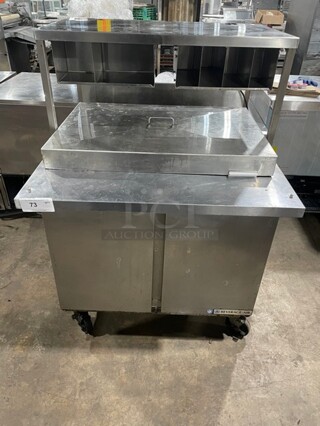 Beverage Air Stainless Steel Salad/Pizza Prep Table! With Over Head Shelf Build In Cubbies For Utensils! With 2 Door Underneath Storage Space!  On Casters! MODEL SPE36HC-15M SN: 12204295 115V 1PH