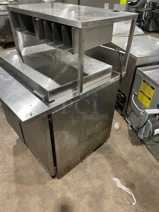 Beverage Air Stainless Steel Salad/Pizza Prep Table! With Over Head Shelf Build In Cubbies For Utensils! With 2 Door Underneath Storage Space!  On Casters! MODEL SPE36HC-15M SN: 12204295 115V 1PH - Image 4 of 11