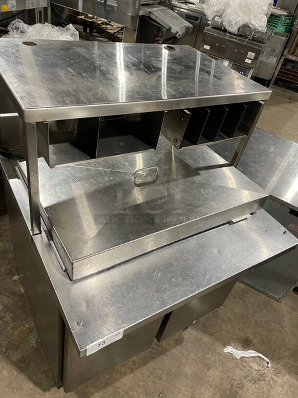 Beverage Air Stainless Steel Salad/Pizza Prep Table! With Over Head Shelf Build In Cubbies For Utensils! With 2 Door Underneath Storage Space!  On Casters! MODEL SPE36HC-15M SN: 12204295 115V 1PH - Image 11 of 11