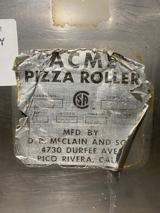 Acme All Stainless Steel Commercial Countertop Dough Sheeter! SN:7-3043 115V 1PH - Image 6 of 11