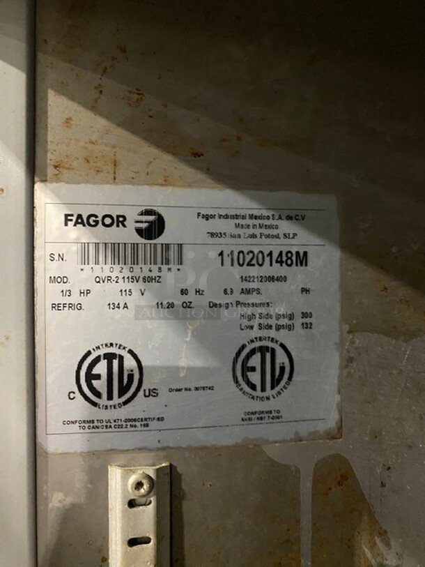 Fagor Stainless Steel Commercial Two Door Reach In Cooler w/ Poly Coated Racks on Commercial Casters! MODEL QVR2 SN: 11020148M 115V  - Image 6 of 10