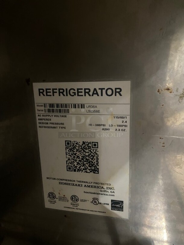 Hoshizaki Commercial Single Door Lowboy/Worktop Cooler! All Stainless Steel! On Commercial Casters! Working When Removed! Model: UR36A SN: L50358E  - Image 6 of 9