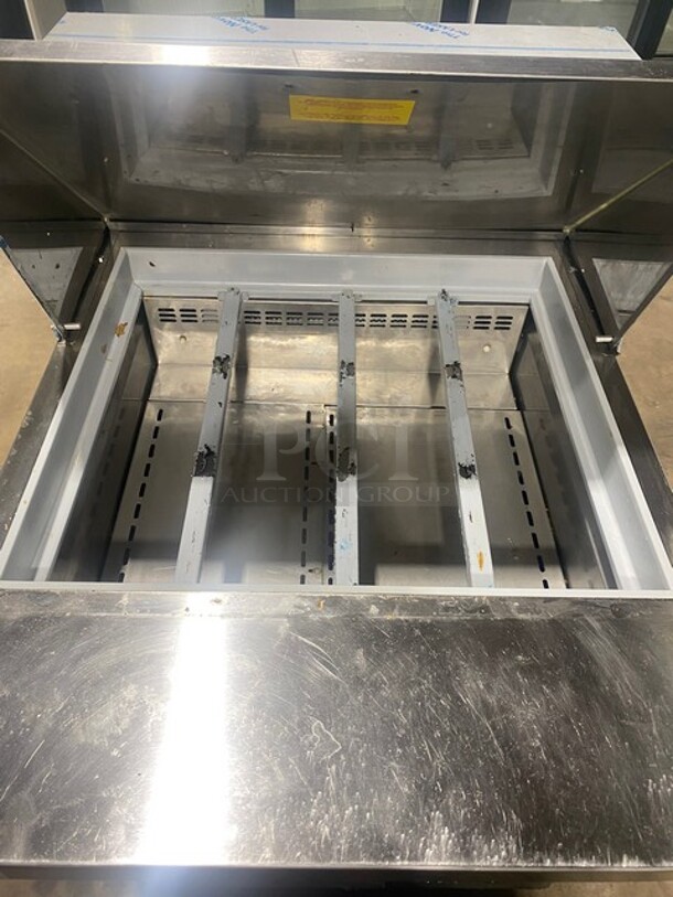 Asber 2021 Stainless Steel Commercial Sandwich Salad Prep Table Bain Marie Mega Top on Commercial Casters! Working When Removed! MODEL APTM27 SN: 8102425078 115V  - Image 5 of 11