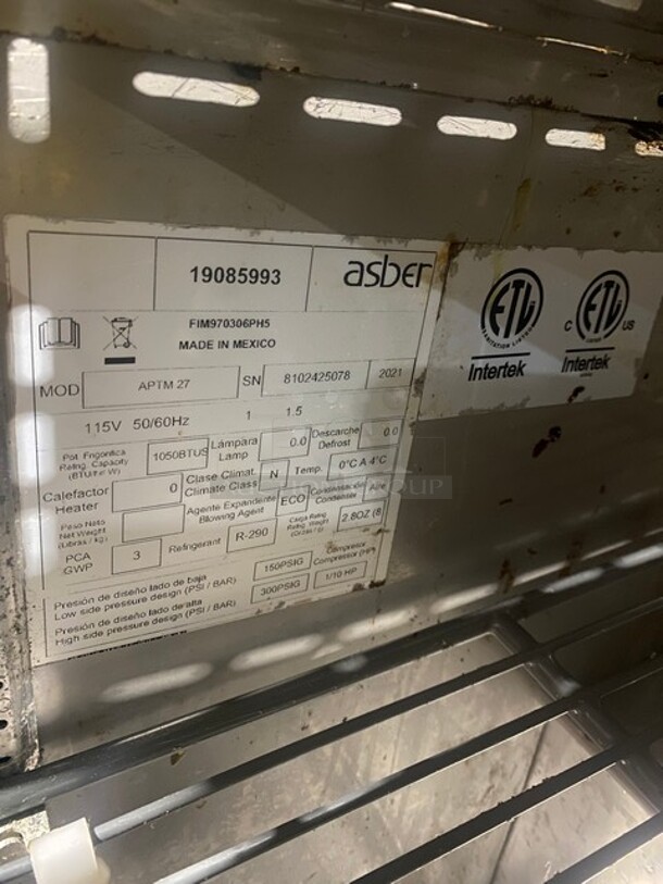 Asber 2021 Stainless Steel Commercial Sandwich Salad Prep Table Bain Marie Mega Top on Commercial Casters! Working When Removed! MODEL APTM27 SN: 8102425078 115V  - Image 7 of 11