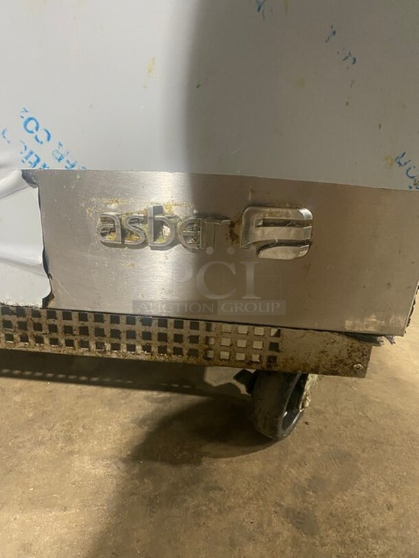 Asber 2021 Stainless Steel Commercial Sandwich Salad Prep Table Bain Marie Mega Top on Commercial Casters! Working When Removed! MODEL APTM27 SN: 8102425078 115V  - Image 8 of 11