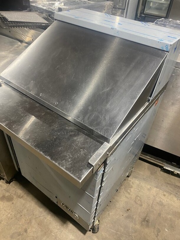 Asber 2021 Stainless Steel Commercial Sandwich Salad Prep Table Bain Marie Mega Top on Commercial Casters! Working When Removed! MODEL APTM27 SN: 8102425078 115V  - Image 11 of 11