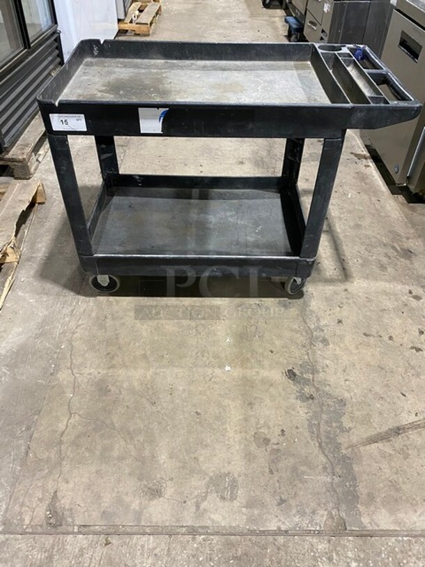 Commercial Black 2-Shelf Utility Cart with Flat Top and Built-In Tool Compartment! On Casters! - Image 1 of 9