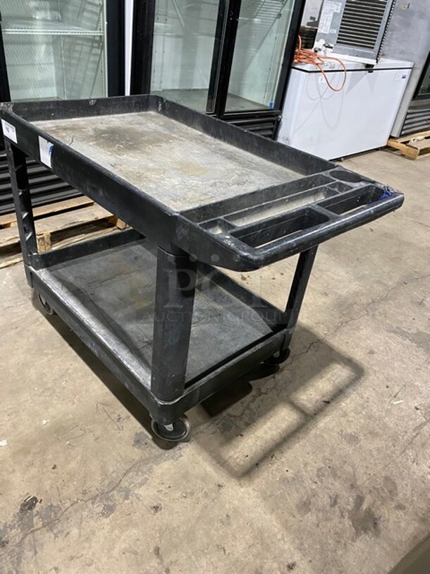 Commercial Black 2-Shelf Utility Cart with Flat Top and Built-In Tool Compartment! On Casters! - Image 2 of 9