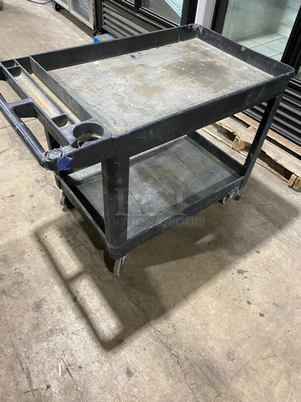 Commercial Black 2-Shelf Utility Cart with Flat Top and Built-In Tool Compartment! On Casters! - Image 3 of 9