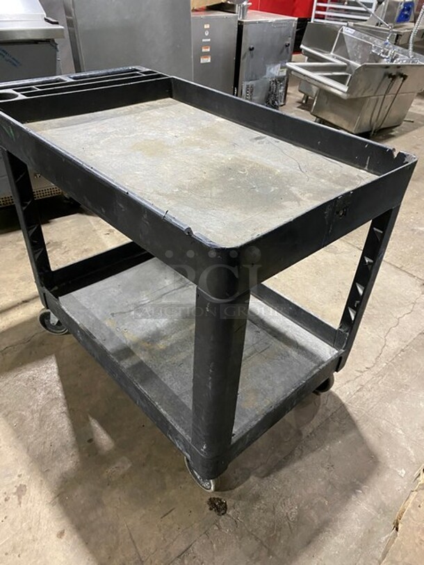 Commercial Black 2-Shelf Utility Cart with Flat Top and Built-In Tool Compartment! On Casters! - Image 4 of 9