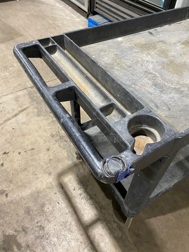 Commercial Black 2-Shelf Utility Cart with Flat Top and Built-In Tool Compartment! On Casters! - Image 9 of 9