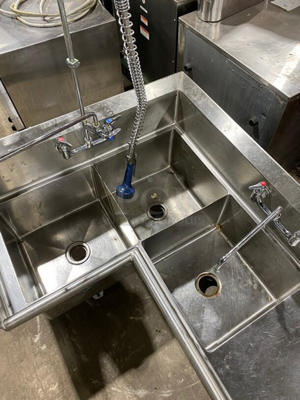 Nice! Stradford Smith High Quality All Stainless Steel 3 Compartment Corner Style Sink!  With Drain Board And Faucet & Jet Spray Assembly! - Image 6 of 10
