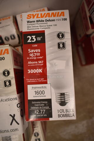 Lot of 9 Sylvania Warm White Deluxe mini 100 Light Bulbs. (front room)