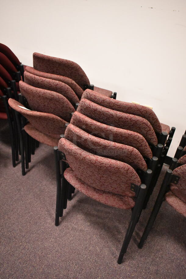 23 Stackable Maroon Patterned Chairs on Black Metal Legs. 23 Times Your Bid! BUYER MUST REMOVE: Bring Tools and Manpower Needed To Remove This Item. (back room) - Image 4 of 6