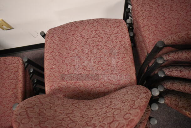 23 Stackable Maroon Patterned Chairs on Black Metal Legs. 23 Times Your Bid! BUYER MUST REMOVE: Bring Tools and Manpower Needed To Remove This Item. (back room) - Image 5 of 6