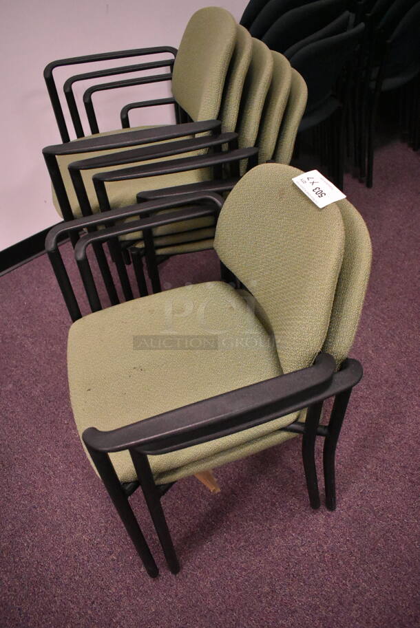 7 Stackable Green Chairs w/ Arm Rests on Black Metal Legs. 7 Times Your Bid! (back room) - Image 4 of 6