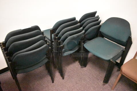 20 Stackable Dark Green Chairs on Black Metal Legs. 20 Times Your Bid! BUYER MUST REMOVE: Bring Tools and Manpower Needed To Remove This Item. (back room)