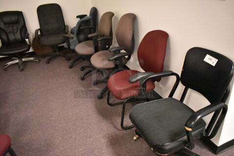8 Various Chairs Including Maroon, Black. 7 on Casters. 8 Times Your Bid! (back room)