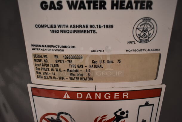 Rheem GPV75-75E Natural Gas Powered Water Heater. 75,000 BTU. (front room) - Image 7 of 7