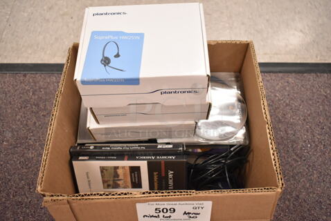 ALL ONE MONEY! Box of Various Items Including Plantronics HW251N Headphone and Discs. (back room)