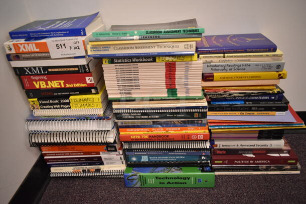 ALL ONE MONEY! Lot of 102 Various Books Including Visual Basic 2008 for Dummies, Mastering Programmable Controllers, Politics in America. BUYER MUST REMOVE: Bring Tools and Manpower Needed To Remove This Item. (back room) - Image 1 of 4