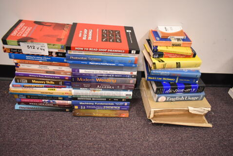 ALL ONE MONEY! Lot of 44 Various Books Including Empowered College Reading, Masonry Skills, Welding, Algebra. BUYER MUST REMOVE: Bring Tools and Manpower Needed To Remove This Item. (back room)