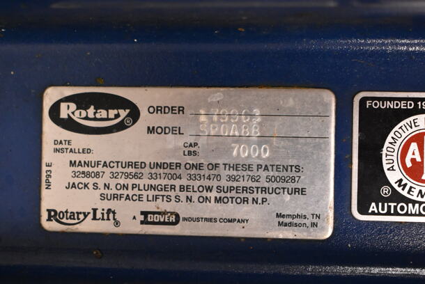 Rotary SPOA88 Metal 7,000 Pound Capacity Lift w/ Extra Parts. 208-230 Volts, 1 Phase. BUYER MUST REMOVE: Bring Tools and Manpower Needed To Remove This Item. (front room) - Image 12 of 12
