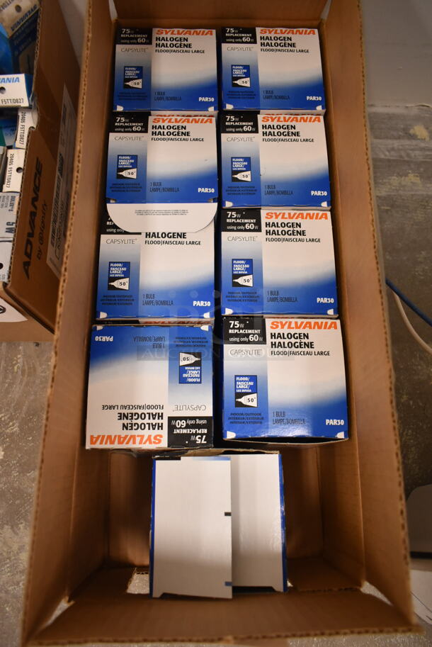 Box of 9 Sylvania Halogen Flood Light Bulb. (front room) - Image 1 of 2