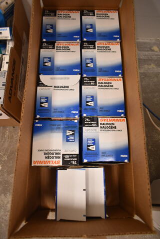 Box of 9 Sylvania Halogen Flood Light Bulb. (front room)
