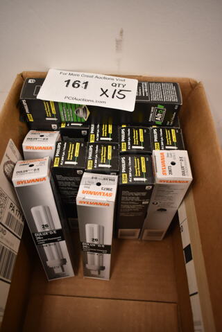Lot of 15 Various Light Bulbs Including Sylvania Dulux D/E 26w and Philips 26w. (front room)