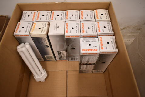 Lot of 15 Various Light Bulbs Including Sylvania Dulux T/E IN. (front room)